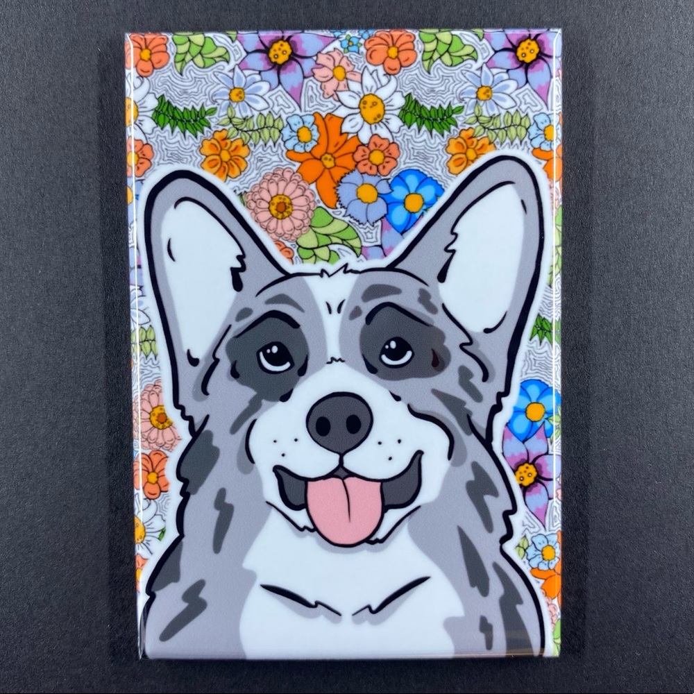 Merle Welsh Corgi Dog Retro Flower Magnet Handmade Kitchen Decor